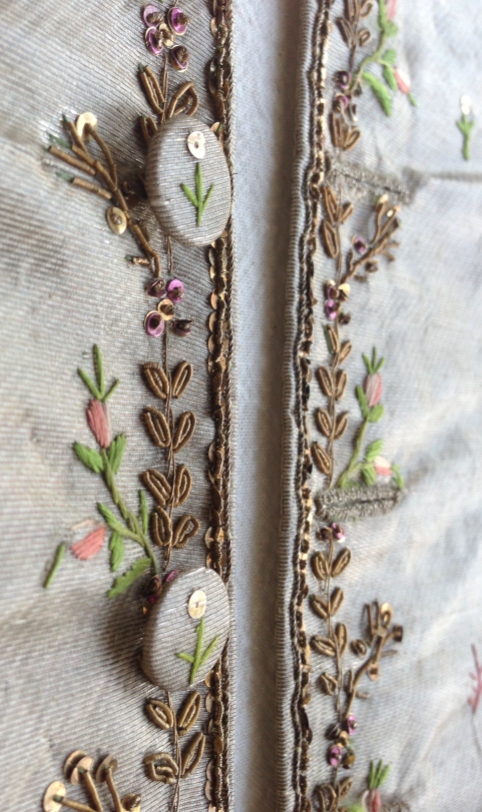Button detail, Silver lamè silk waistcoat, 1775-80