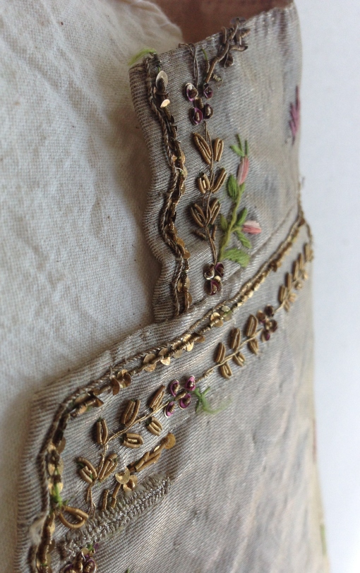 Collar detail, Silver lamè silk waistcoat, 1775-80