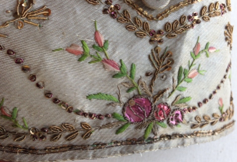 Pocket detail, Silver lamè silk waistcoat, 1775-80