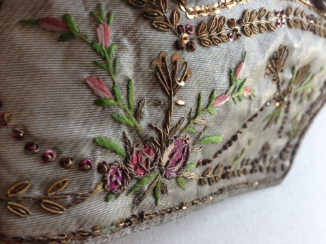 Pocket detail, Silver lamè silk waistcoat, 1775-80, Wearing the Garden exhibition at Berrington Hall, 2014