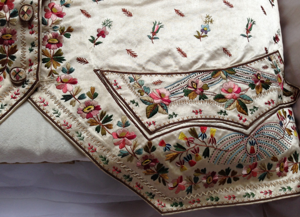 Pocket detail, Silk and embroidery background,1780-90 waistcoat