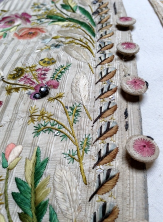 Button detail, embroidered Waistcoat, 1775-85
