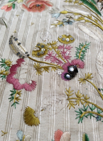 Exposed drawing and embroidery detail, Embroidered waistcoat, 1775-85