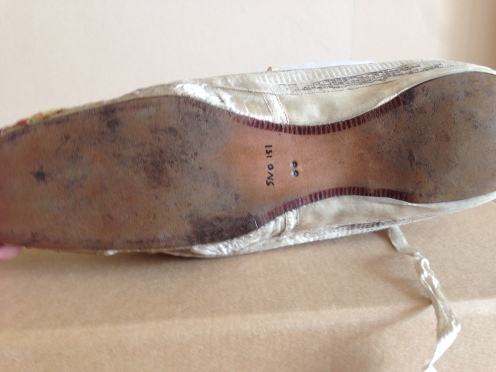 1820s Cream Silk Slippers adapted for fancy dress, Charles Paget Wade costume collection, stored at Berrington Hall