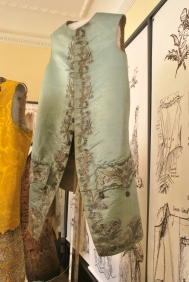 1760s beryl blue satin waistcoat with snowdrops, daffodils and stylised leaf design in silver gilt. Wearing The Garden at Berrington Hall, May 1st - June 30th 2014