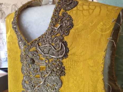 1750 - 60 Gold Silk Damask Waistcoat, 'Wearing the Garden' exhibition at Berrington Hall until June 30th. Snowshill Costume Collection.
